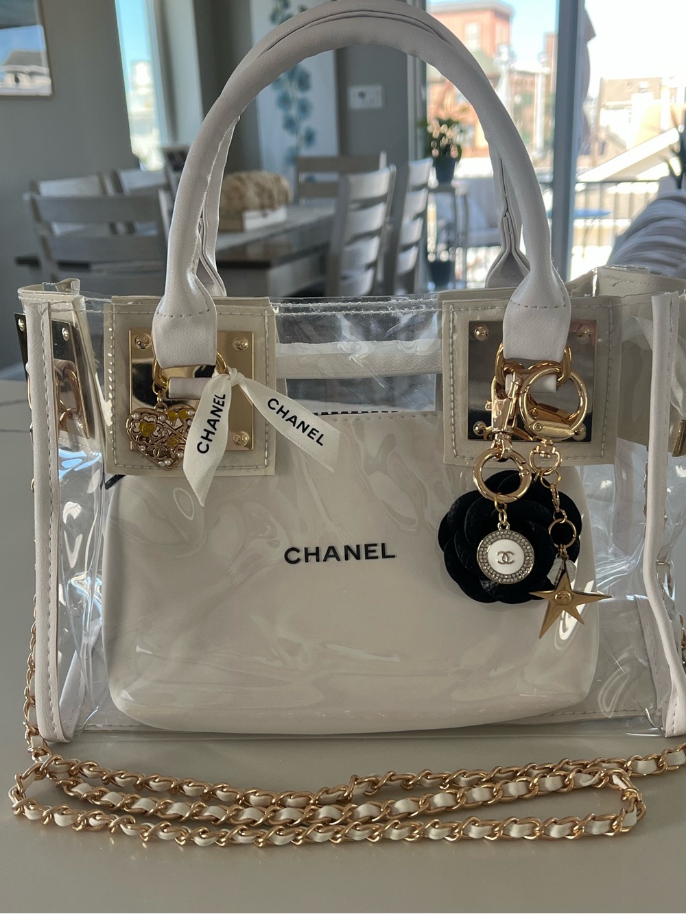 Custom Upcycled Chanel Beauté Clear Bag w Authentic Charms, Ribbon & Makeup Bag
